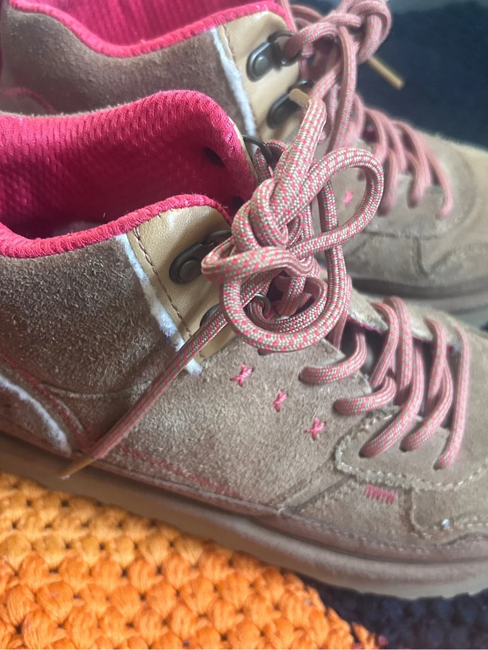 UGG Kids Brown Suede Boots with Pink Laces and Stitching